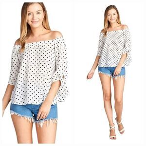 Vintage Y2K Papaya Off the Shoulder Ribbon Tie 3/4 Sleeve Polka Dot Top Size S